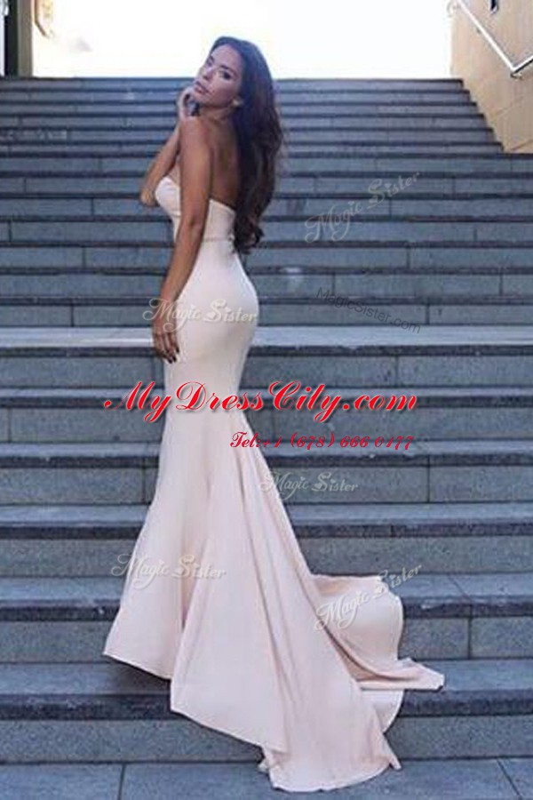 Perfect Mermaid White Backless Sweetheart Ruching Prom Gown Elastic Woven Satin Sleeveless Sweep Train