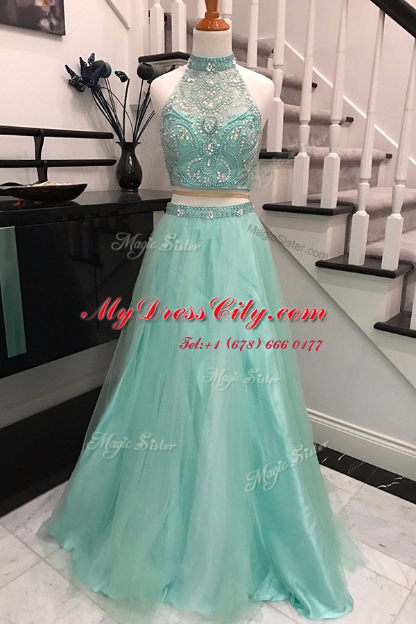 Smart Halter Top Sleeveless Tulle With Train Sweep Train Backless Prom Dress in Apple Green with Beading