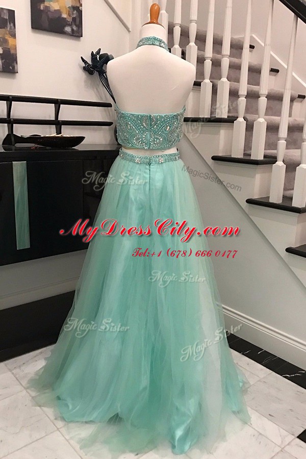 Smart Halter Top Sleeveless Tulle With Train Sweep Train Backless Prom Dress in Apple Green with Beading