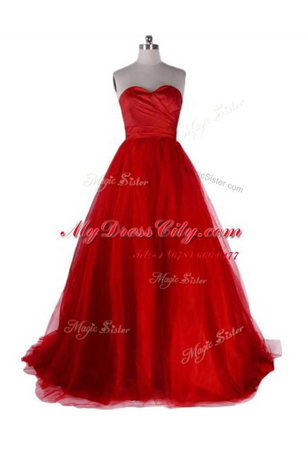 Red Zipper Prom Gown Ruching Sleeveless With Train Sweep Train