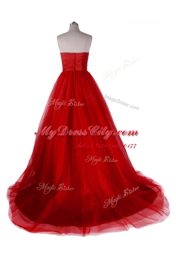 Red Zipper Prom Gown Ruching Sleeveless With Train Sweep Train