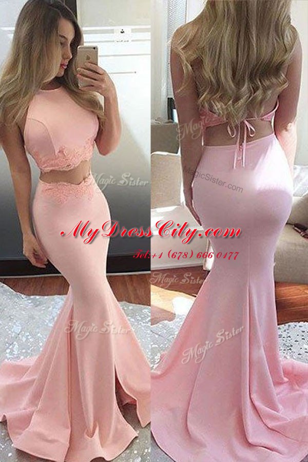 Luxury Mermaid Pink Scoop Neckline Lace Prom Dresses Sleeveless Backless