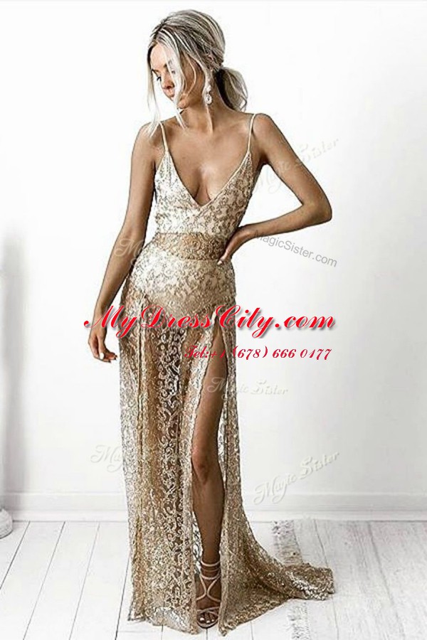 Inexpensive Sleeveless With Train Lace Backless Evening Dress with Champagne Brush Train