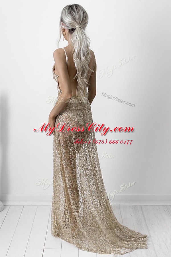 Inexpensive Sleeveless With Train Lace Backless Evening Dress with Champagne Brush Train