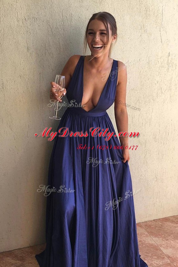 Traditional V-neck Sleeveless Dress for Prom With Train Sweep Train Ruching Navy Blue Elastic Woven Satin