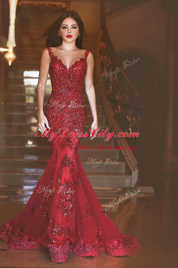 Chic Mermaid Sleeveless Sweep Train Appliques and Sequins Backless Prom Gown