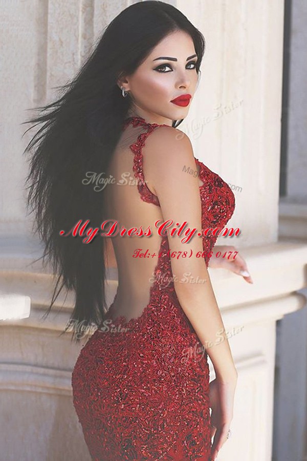 Chic Mermaid Sleeveless Sweep Train Appliques and Sequins Backless Prom Gown