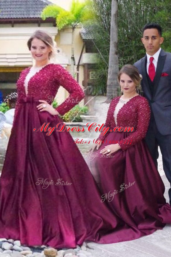 Edgy Scoop Burgundy Long Sleeves Sweep Train Beading With Train Prom Dresses