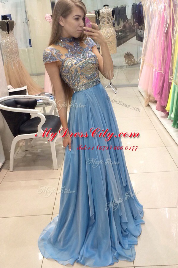 Blue A-line Organza Scoop Cap Sleeves Beading With Train Zipper Prom Dresses Sweep Train