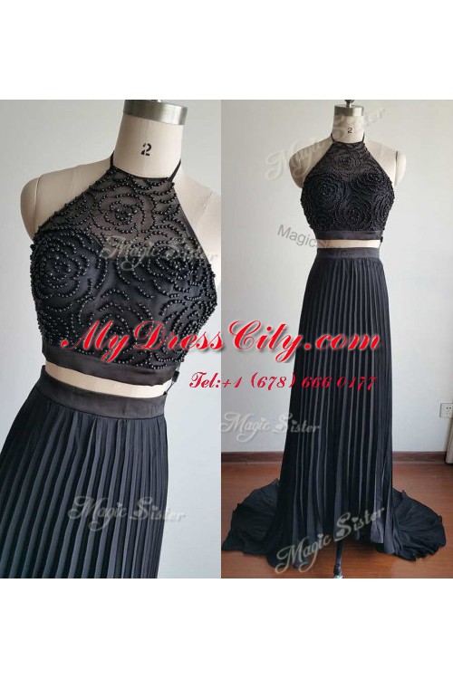 Black Prom Gown Prom and Party and For with Beading Halter Top Sleeveless Court Train Zipper