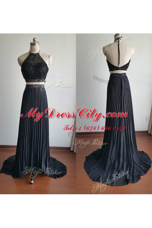 Black Prom Gown Prom and Party and For with Beading Halter Top Sleeveless Court Train Zipper