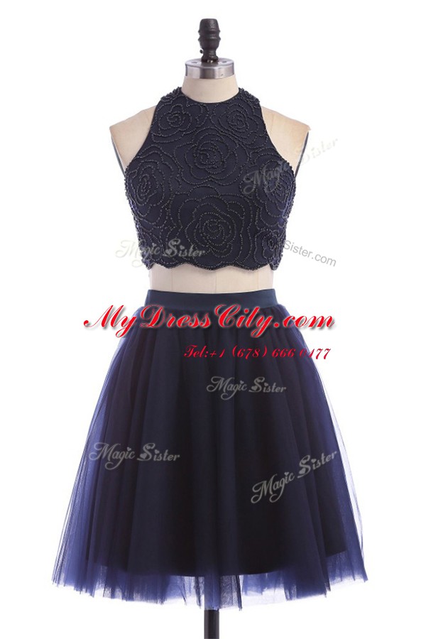 Spectacular Navy Blue Zipper Halter Top Appliques Homecoming Dress Tulle Sleeveless