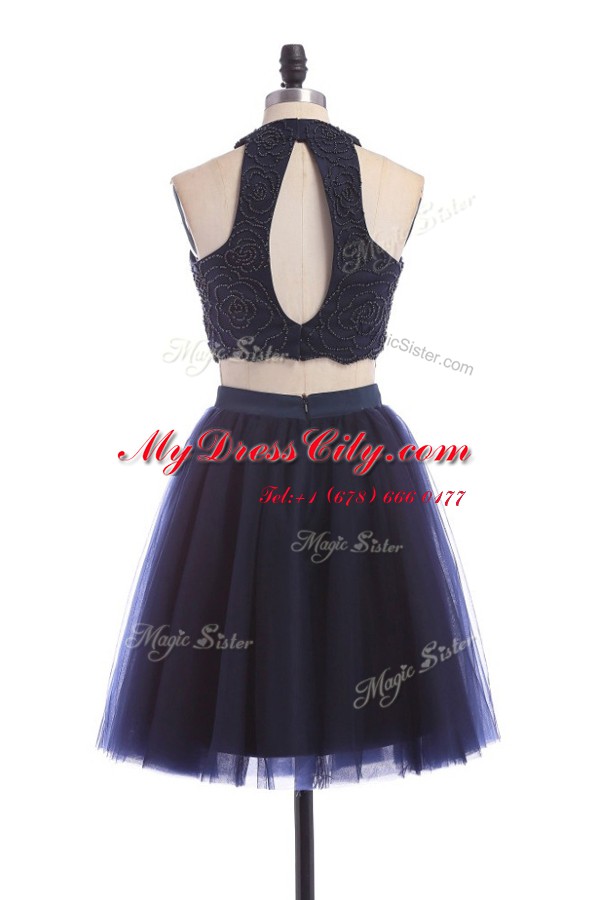 Spectacular Navy Blue Zipper Halter Top Appliques Homecoming Dress Tulle Sleeveless