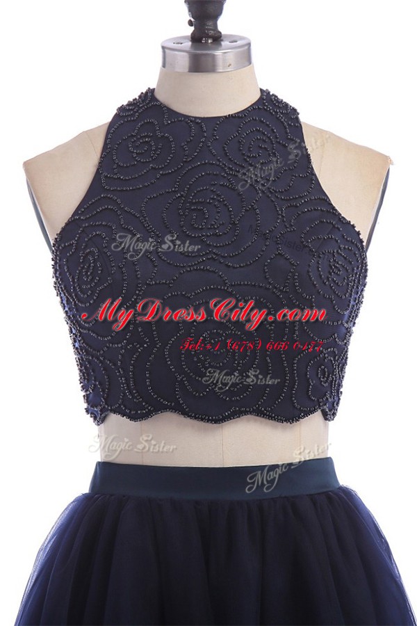 Spectacular Navy Blue Zipper Halter Top Appliques Homecoming Dress Tulle Sleeveless