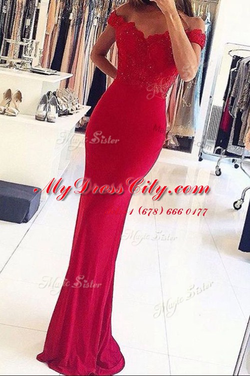 Mermaid Red Off The Shoulder Zipper Beading and Appliques Prom Dresses Sleeveless