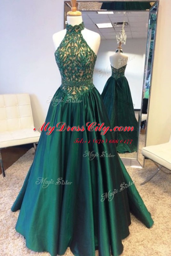 Teal Halter Top Neckline Beading and Lace Prom Party Dress Sleeveless Zipper