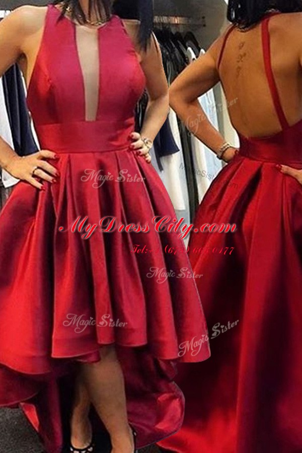 Scoop Pleated Red Sleeveless Satin Zipper Junior Homecoming Dress for Prom