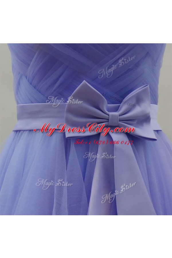 Deluxe Lavender Satin Zipper Prom Dresses Sleeveless Knee Length Sashes ribbons