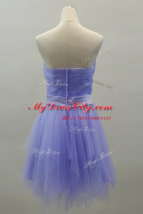 Deluxe Lavender Satin Zipper Prom Dresses Sleeveless Knee Length Sashes ribbons