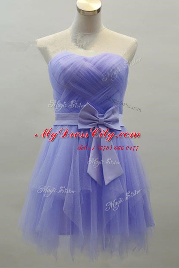 Deluxe Lavender Satin Zipper Prom Dresses Sleeveless Knee Length Sashes ribbons