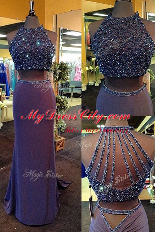 Free and Easy Purple Elastic Woven Satin Zipper Scoop Sleeveless Floor Length Prom Evening Gown Beading