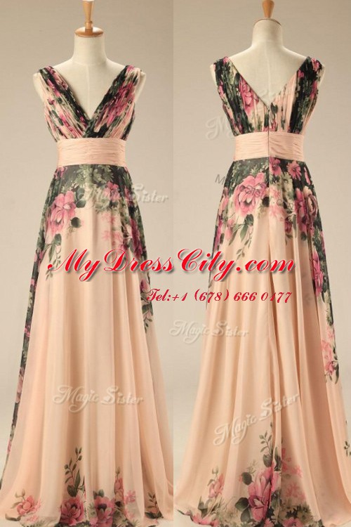 Enchanting V-neck Sleeveless Sweep Train Zipper Prom Gown Champagne Chiffon