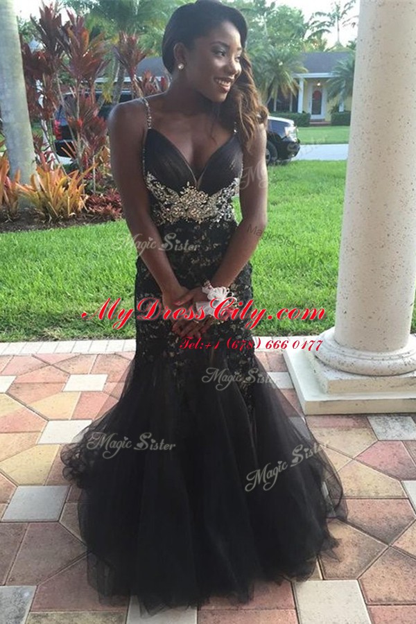 Mermaid Black Sleeveless Floor Length Beading and Lace Zipper Evening Party Dresses