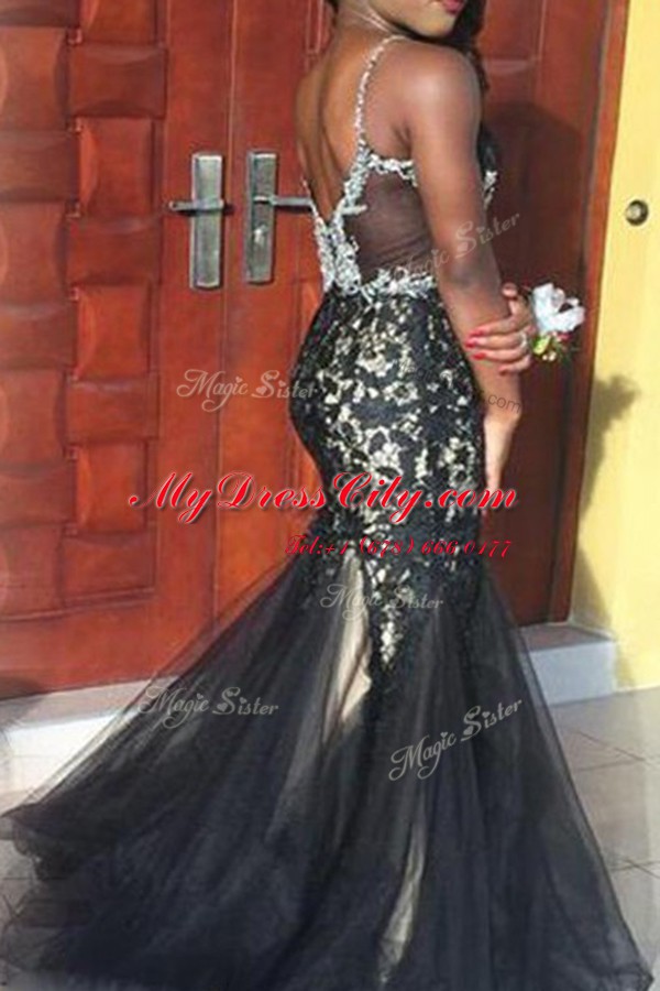 Mermaid Black Sleeveless Floor Length Beading and Lace Zipper Evening Party Dresses