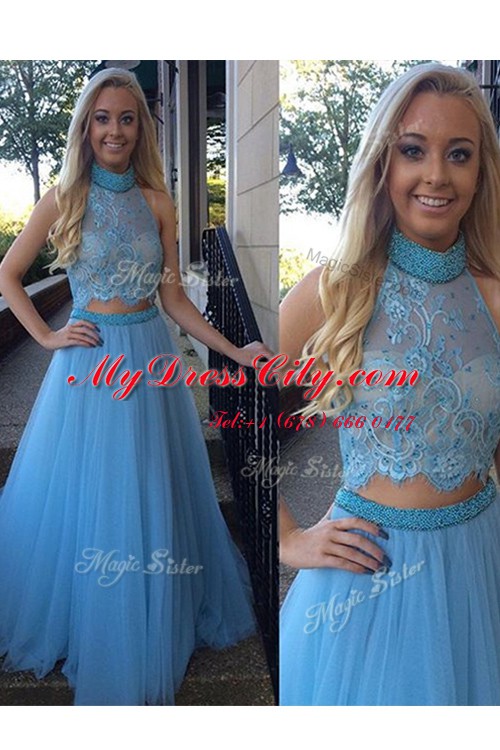 Enchanting Baby Blue High-neck Zipper Beading and Appliques Evening Dress Sleeveless