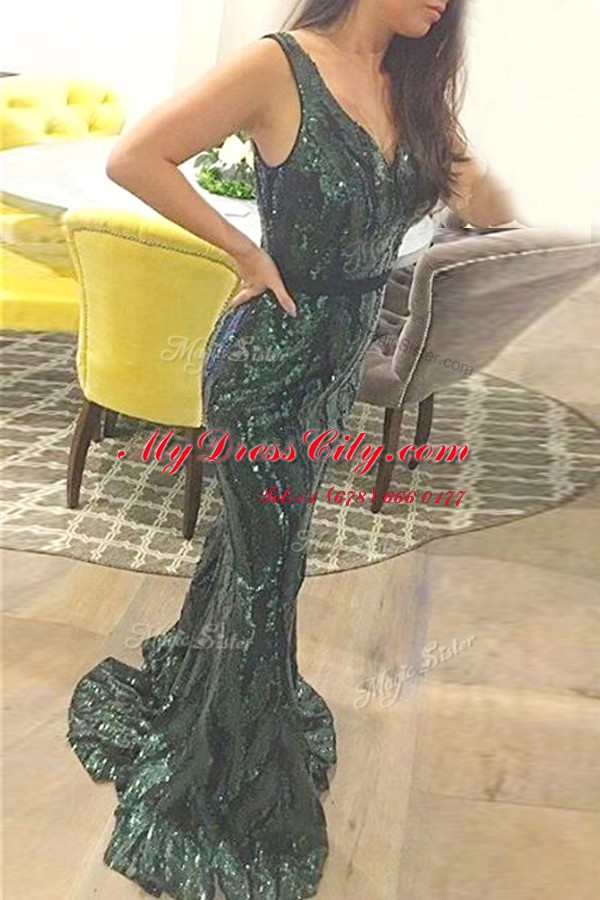 Mermaid Dark Green Zipper V-neck Sashes ribbons Sequined Sleeveless Sweep Train