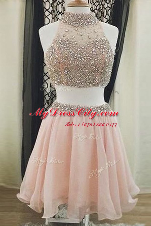 Colorful Halter Top Peach Sleeveless Chiffon Zipper Prom Dresses for Prom and Party