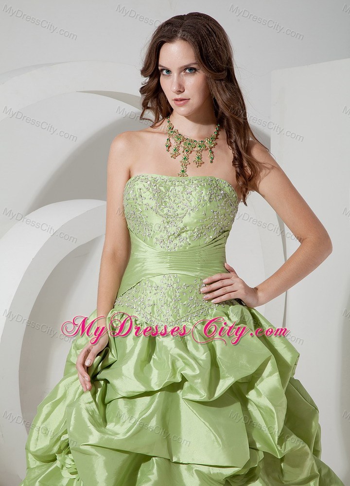 Strapless Yellow Green A-line Prom Dress Appliques Floor-length