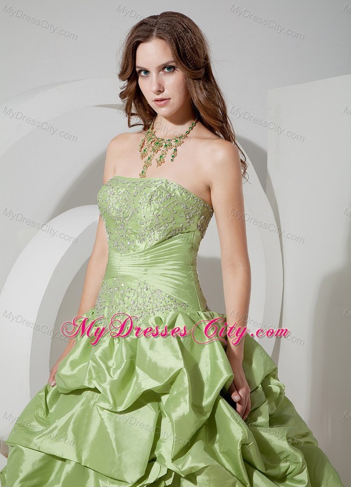 Strapless Yellow Green A-line Prom Dress Appliques Floor-length