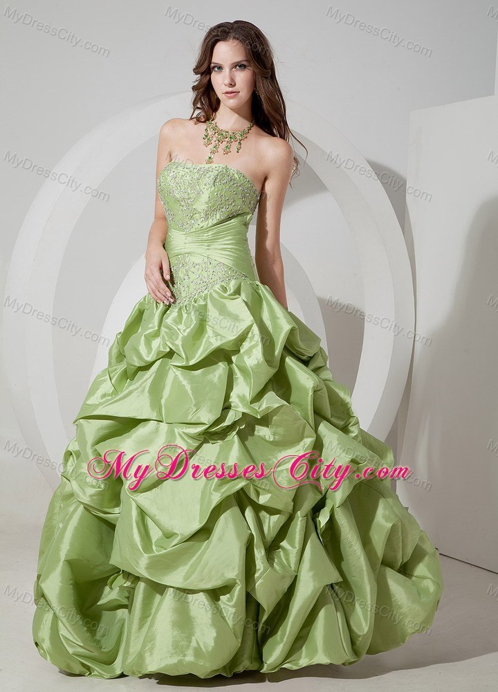 Strapless Yellow Green A-line Prom Dress Appliques Floor-length