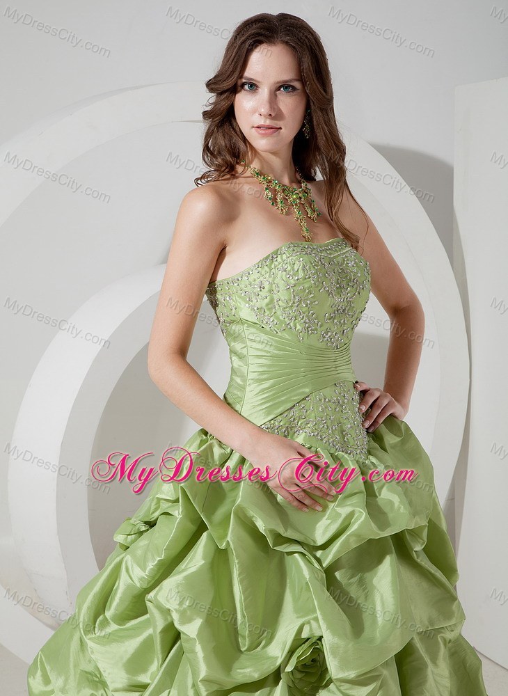 Strapless Yellow Green A-line Prom Dress Appliques Floor-length