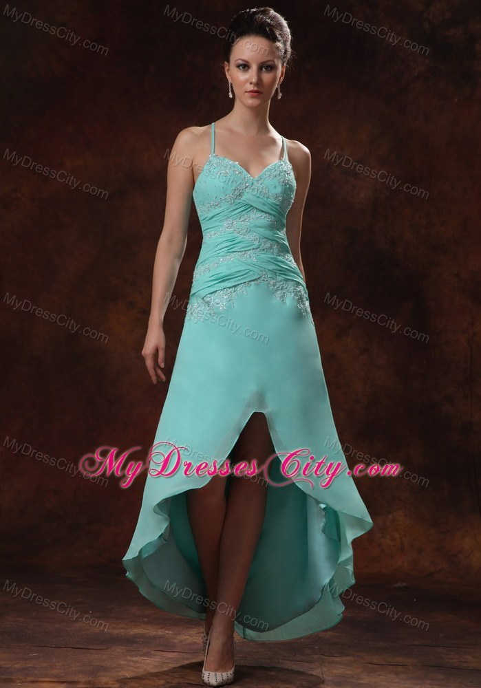 High-low Spaghetti Straps Turquoise Prom Dress Appliques and Ruche