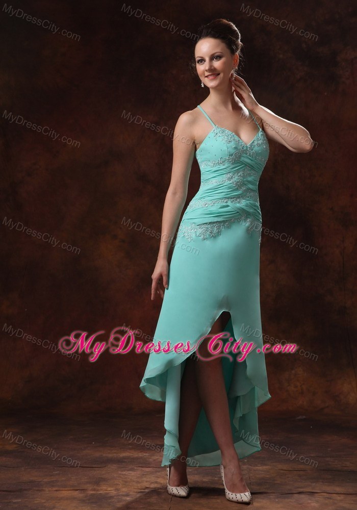 High-low Spaghetti Straps Turquoise Prom Dress Appliques and Ruche