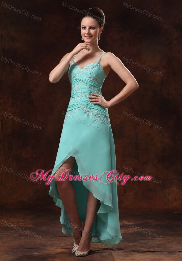 High-low Spaghetti Straps Turquoise Prom Dress Appliques and Ruche