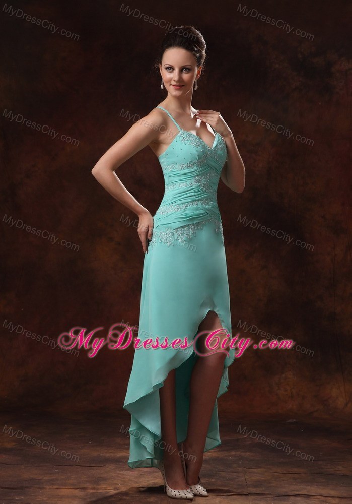 High-low Spaghetti Straps Turquoise Prom Dress Appliques and Ruche