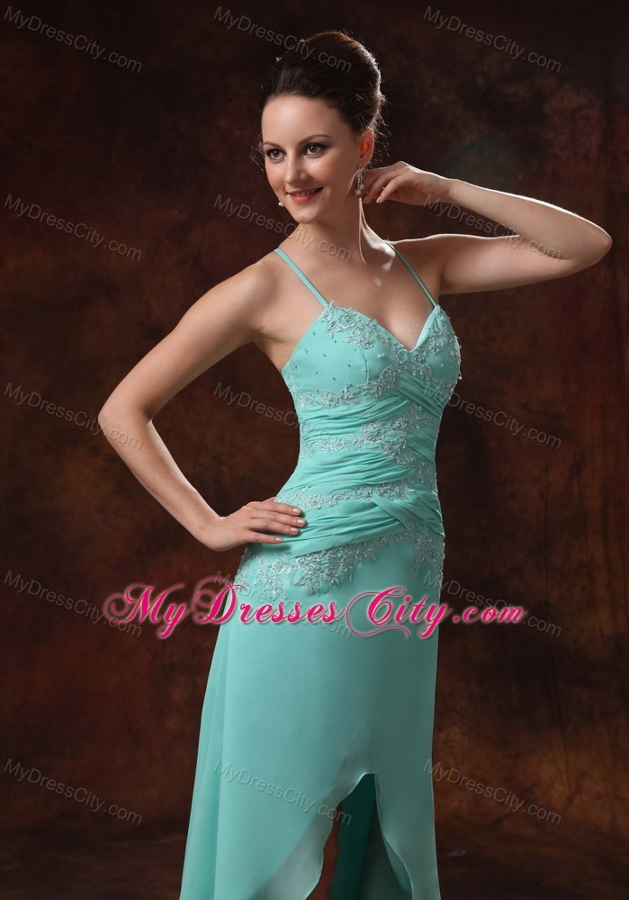 High-low Spaghetti Straps Turquoise Prom Dress Appliques and Ruche