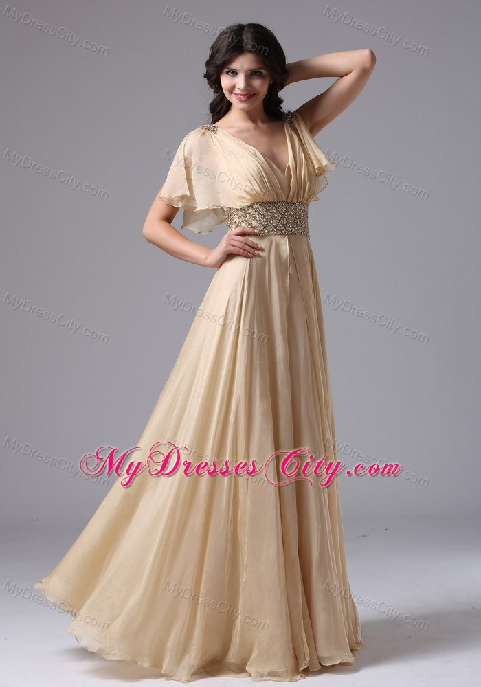 V-neck Champagne Butterfly Straps with Beaded Waist Prom Dress