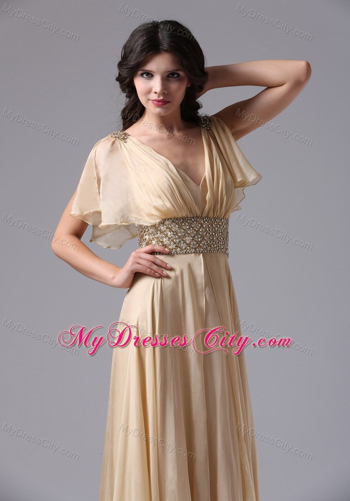 V-neck Champagne Butterfly Straps with Beaded Waist Prom Dress