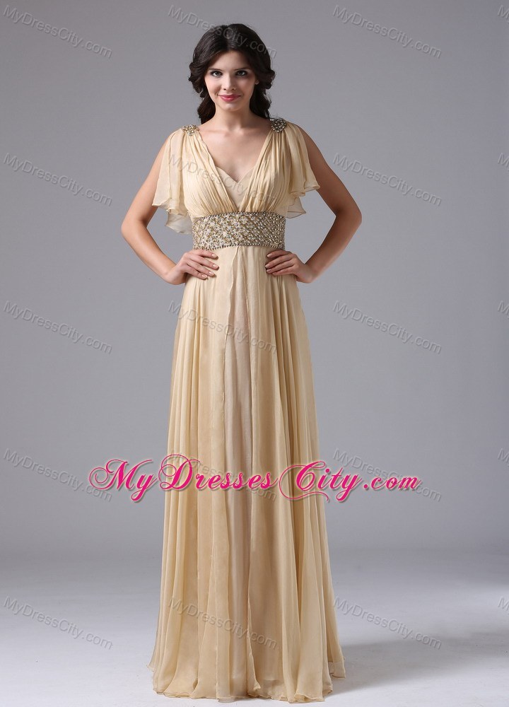 V-neck Champagne Butterfly Straps with Beaded Waist Prom Dress