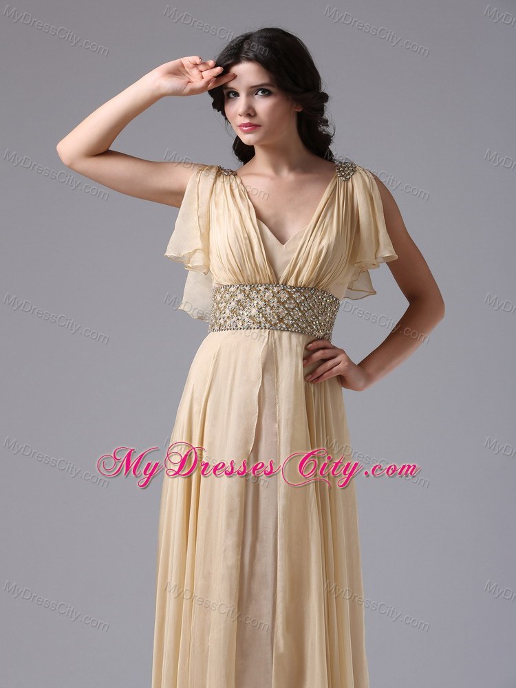 V-neck Champagne Butterfly Straps with Beaded Waist Prom Dress