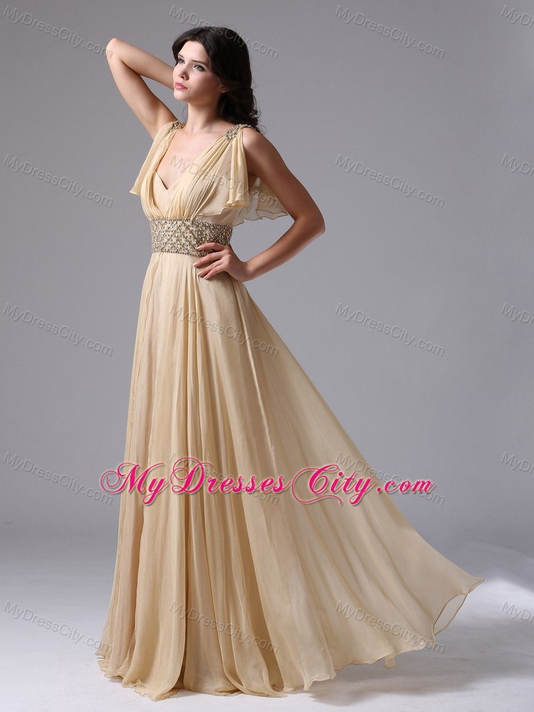 V-neck Champagne Butterfly Straps with Beaded Waist Prom Dress