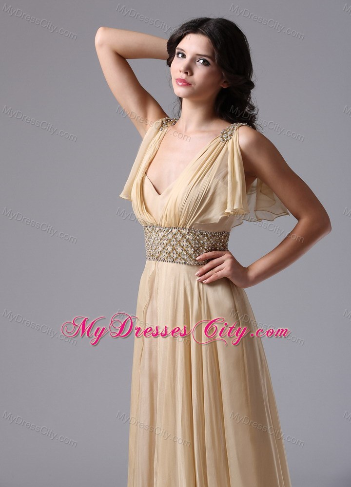 V-neck Champagne Butterfly Straps with Beaded Waist Prom Dress