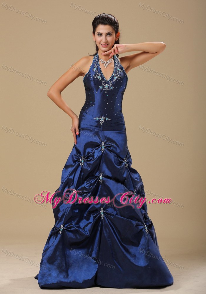 Appliques Decorate Halter Navy Blue Prom Dress With Beading