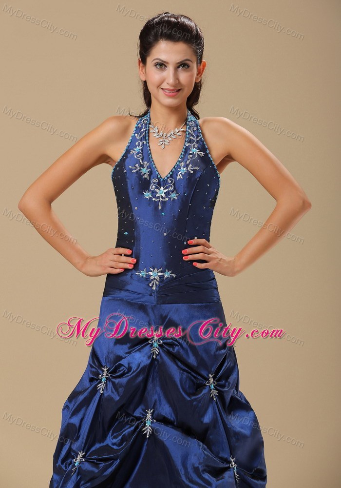 Appliques Decorate Halter Navy Blue Prom Dress With Beading