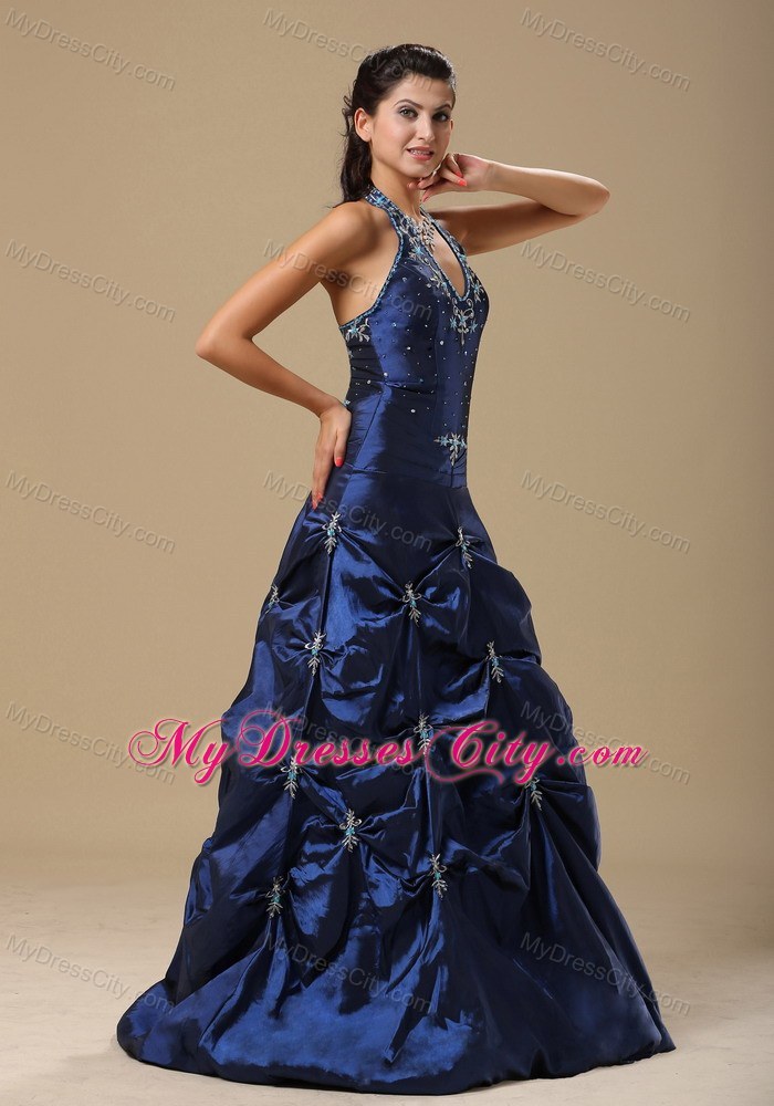 Appliques Decorate Halter Navy Blue Prom Dress With Beading