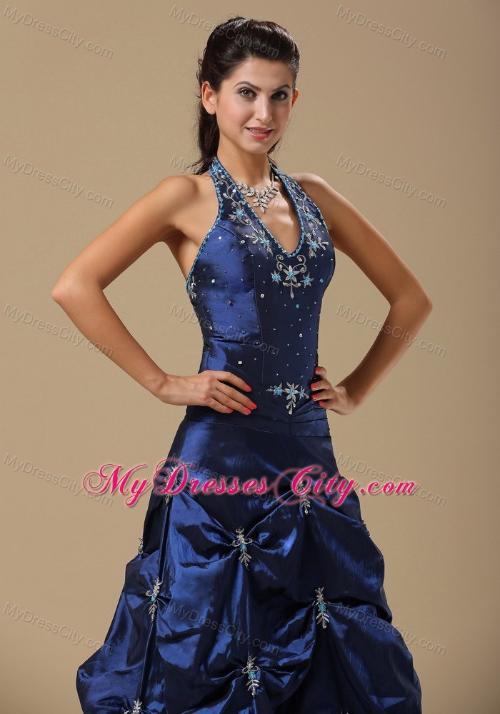 Appliques Decorate Halter Navy Blue Prom Dress With Beading